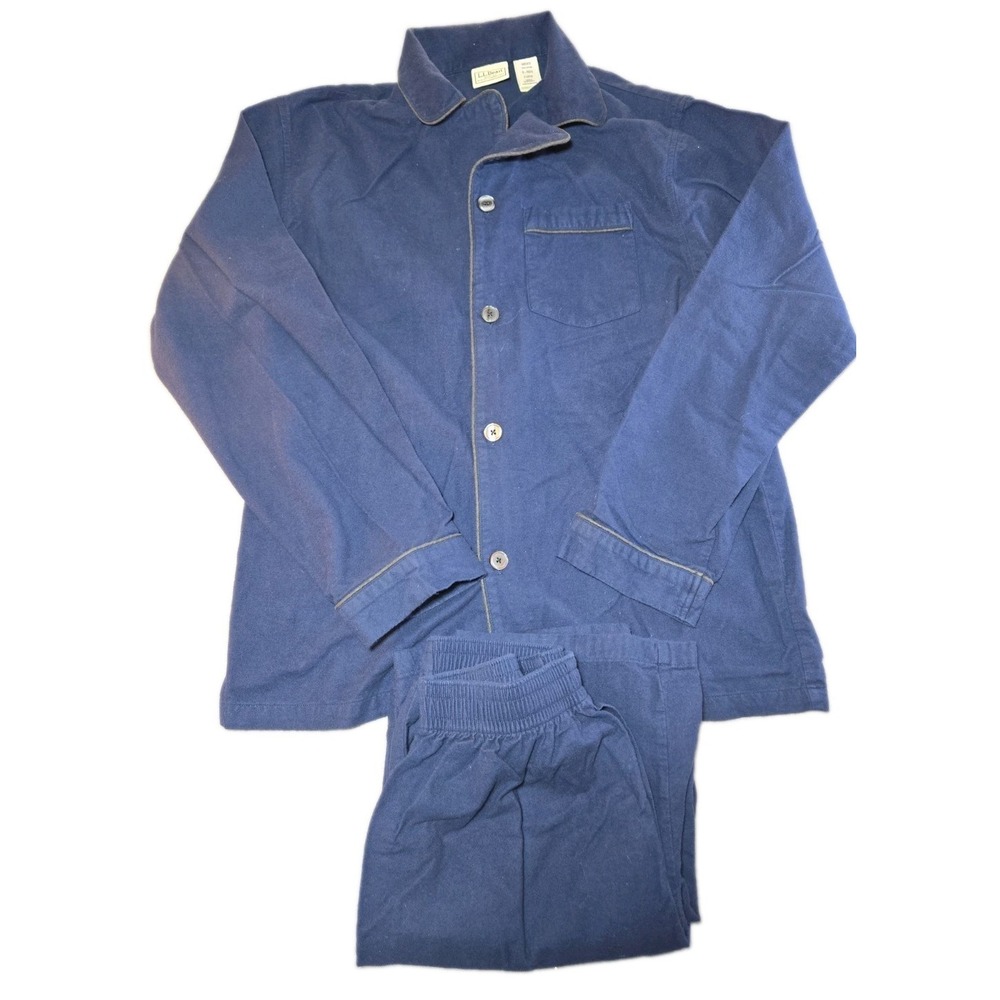 VTG LL Bean Flannel Pajama Set Mens S 16 Blue 2 Pc Top Pants Sleepwear Cotton